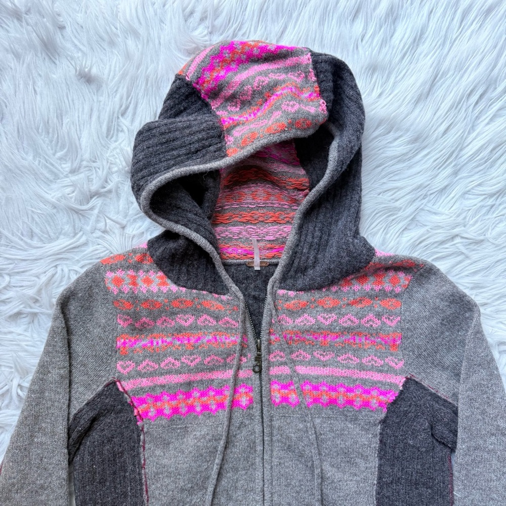 Vintage Free People Y2K full zip wool blend hooded sweater heart fair isle